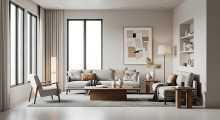 Minimalist living room with neutral tones, modern furniture, and ample natural light