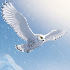 Majestic Snowy Owl Flying Over Snowscape in Winter with Bright Sky and Gentle Lighting