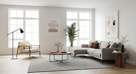 Bright and Modern Living Room Interior with Stylish Furniture and Abundant Natural Light