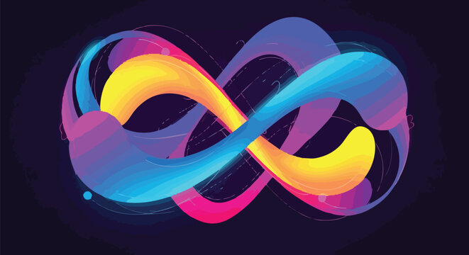 A fluid organic infinity symbol made of colorful swirling ribbons in shades of blue, pink, yellow, and purple against a dark background.