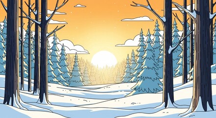 Winter Snow Landscape with Evergreen Trees at Sunset in Pixel Art Style
