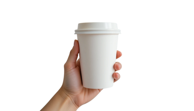 Hand Holding White Paper Coffee Cup against transparent Background