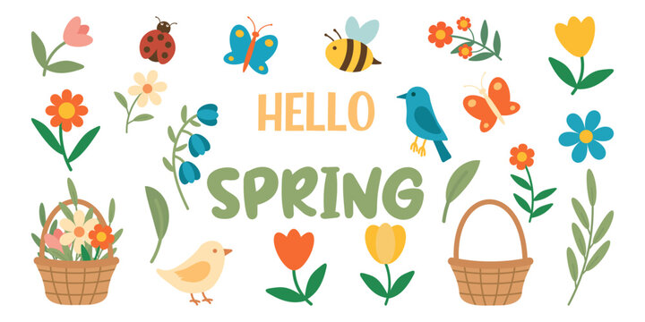 Vector set of &ldquo;Hello Spring&rdquo; elements featuring blooming flowers, bees, butterflies, birds, a flower basket, and a ladybug. Bright cheerful collection for seasonal design projects.
