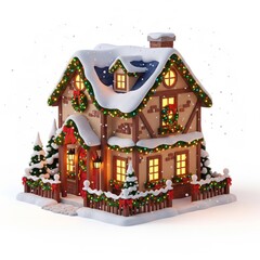 Christmas Illuminated House with Snow Roof and Garlands against White Background