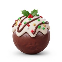 Festive Dark Chocolate Ball Dessert Topped with Cream and Sprinkles on White
