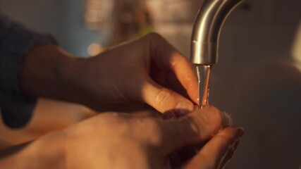 Hands gently wash champignon mushrooms under running water in a well-lit kitchen. This action shows the preparation of fresh ingredients for cooking - Powered by Adobe
