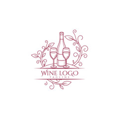 Sketch of wine bottle and glasses with floral decorative elements