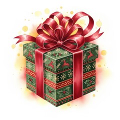 Festive Gift Box with Red Bow Ornament in Watercolor Illustration Style