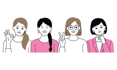 Naklejka premium Four diverse ethnicity women displaying different expression and gestures on the white background