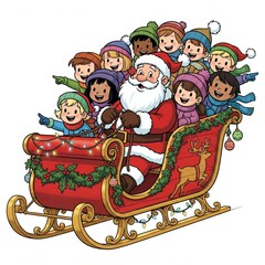 Cheerful Santa Claus Driving Red Sleigh with Diverse Children Illustration