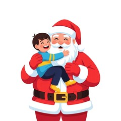 Joyful Boy Embracing Santa Claus in Red Suit with White Background Cartoon Illustration