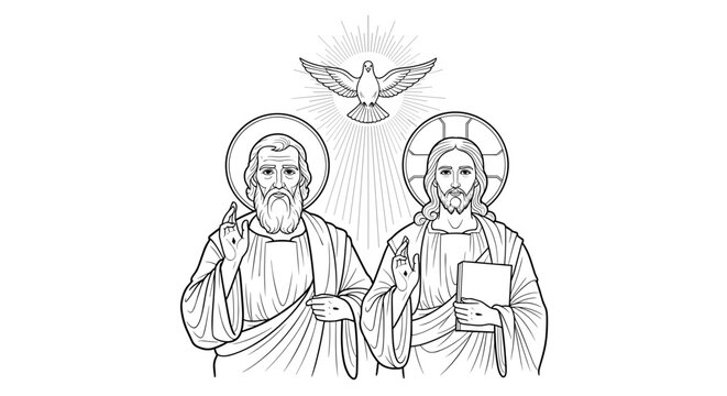 Holy Trinity depiction of God the Father and Jesus Christ with dove above in a detailed line art style