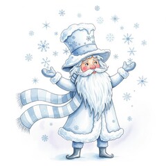 Whimsical Winter Scene of Animated Santa with Snowflakes on White Background