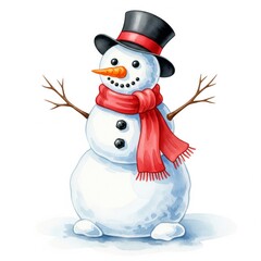 Cheerful Snowman with Red Scarf and Top Hat on White Background Illustration