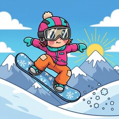 Cartoon Girl Snowboarding Downhill with Snowy Mountains and Sunny Skies