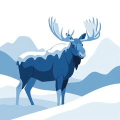 Blue Toned Moose Standing in Snow Scene with Mountain Background in Pixel Art Style