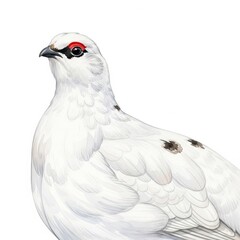 White Ptarmigan Bird Illustration with Red Eyebrow and Speckled Feathers on White Background