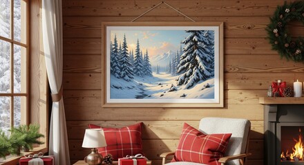 Winter Forest Scene Pixel Art Framed on Wooden Wall with Fireplace and Christmas Decorations