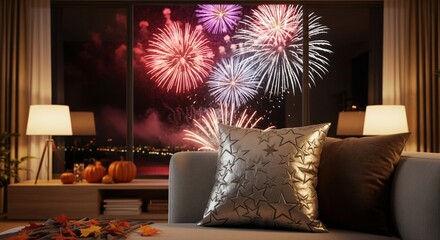 Cozy Interior View with Fireworks Display and Pumpkins on Table at Night
