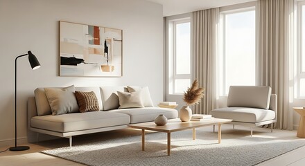 Serene contemporary apartment living room with a comfortable sofa and sunlit interior design