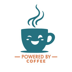 Illustration of a teal coffee cup with steam and a smiling face above the words powered by coffee text