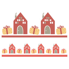 Illustration of two rows of red houses and yellow gifts on a white background in a simple style