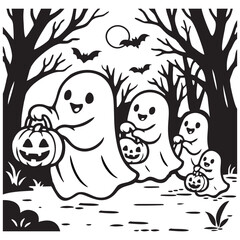 Cute ghost parade in haunted forest
