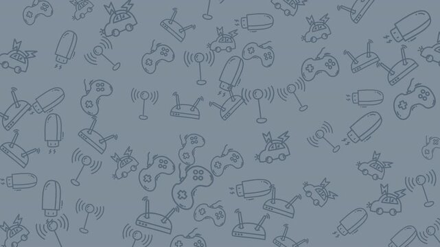 Seamless Pattern of Vintage Gaming Controllers and Joysticks on a Blue Background.