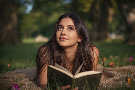 Daydreaming reader resting in dappled sunlight beneath whispering trees and wildflowers