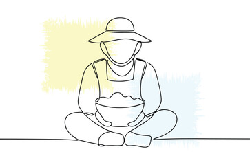 Farmer in field sitting in meditation pose holding bowl of rice in one line drawing minimal design with yellow and blue accents