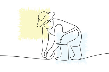 Farmer planting a seed in a minimalist line art style with pastel color accents representing growth and the natural world with simple elegance and agricultural sustainability