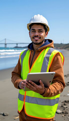 Obraz premium Professional worker wearing reflective vest and helmet holding tablet outdoor on beach with bridge in background smiling
