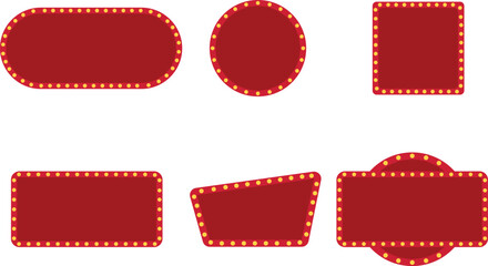 Marquee Banner Vector Set. Red Casino and Theater Sign Frames with Light Bulbs
