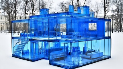 Fototapeta premium Blue transparent lego house sculpture in snow winter landscape high resolution photo