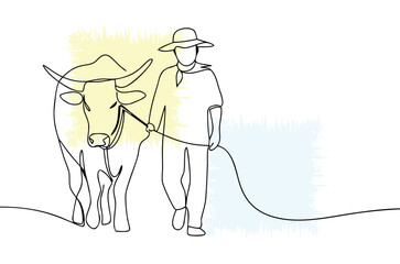 Minimalist line art illustration of a farmer leading an ox with a hat on white background depicting rural life and agricultural practices in a simple design