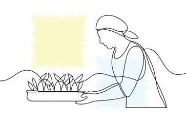 Minimalist line art of a woman tending to plants in a pot with gentle colors in the background promoting organic and healthy living concepts