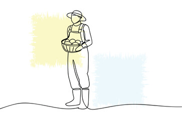 Minimalist vector line drawing of farmer carrying a basket of fresh harvest with sun hat in agriculture field representing rural living and agricultural lifestyle