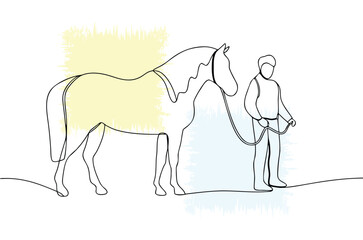 One line drawing illustration of a horse being led by a person a minimalist animal art concept for design elements and creative projects representing simplicity and elegance