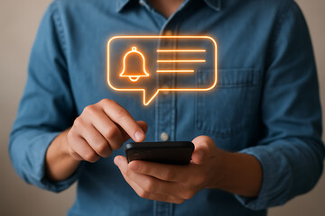 A person holds a smartphone with a glowing notification bell icon in a speech bubble, indicating important alerts, new messages, and reminders for online communication and updates