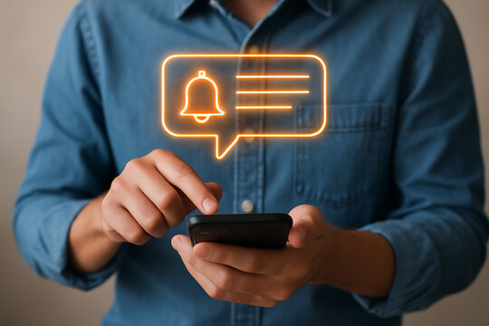 A person holds a smartphone with a glowing notification bell icon in a speech bubble, indicating important alerts, new messages, and reminders for online communication and updates