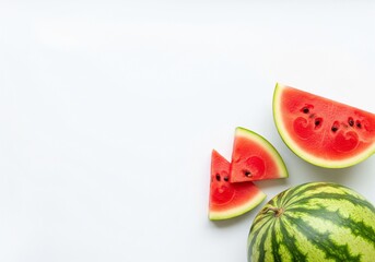 Overhead shot of a watermelon and slices on a white background.