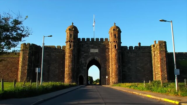 Imposing historic stone gatehouse with two domed towers and an arched entryway leading to a majestic old prison or castle under a clear blue sky