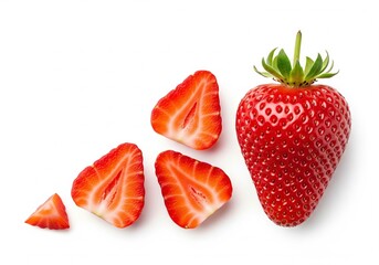 Strawberry and slices on white background, showing the fruit's red flesh and small seeds.