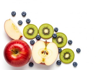 Overhead shot of apples, kiwi slices, and blueberries on a white background.