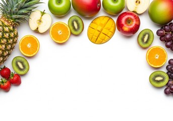 Assortment of fresh fruits on a white background.