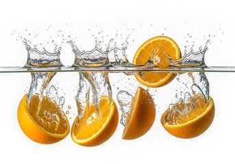 Orange slices splashing into water, creating dynamic water droplets and a refreshing, vibrant scene against a white background.
