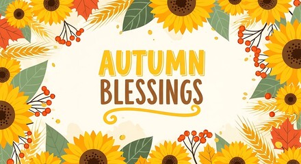 Celebrate the beauty of autumn with this harvest season design featuring sunflowers and falling leaves