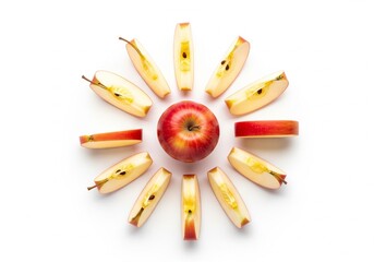 Overhead shot of a whole apple surrounded by apple slices on a white background.