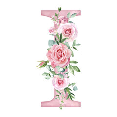 Watercolor pink roses flowers letter I for card design, initials, monogram print.