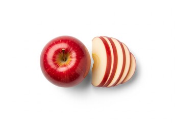 Overhead shot of a whole red apple and a sliced apple on a white background.